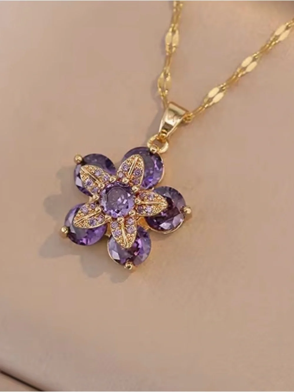 Gorgeous Gold and Purple Gemstone Flower Pendant Necklace - Picture 2 of 8